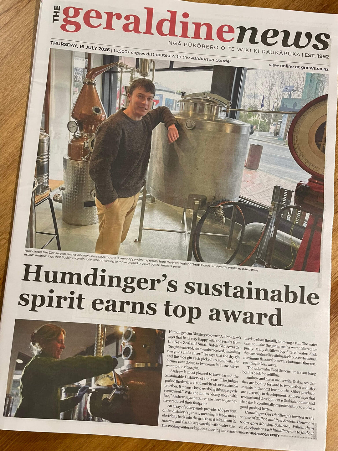 Geraldine Distillery Sustainable Award Article in Gnews