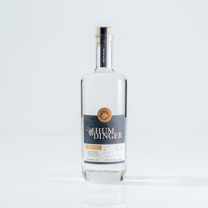 Geraldine Distillery Humdinger Dry Gin bottle on grey background