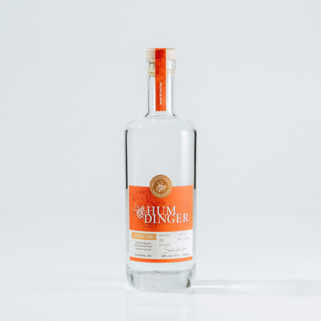 Geraldine Distillery Humdinger Citrus Gin bottle on grey background