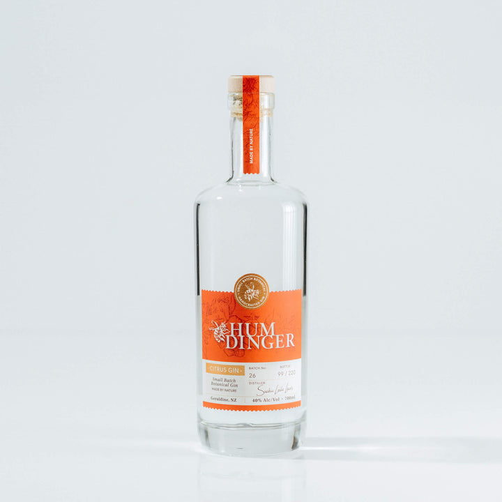 Geraldine Distillery Humdinger Citrus Gin bottle on grey background