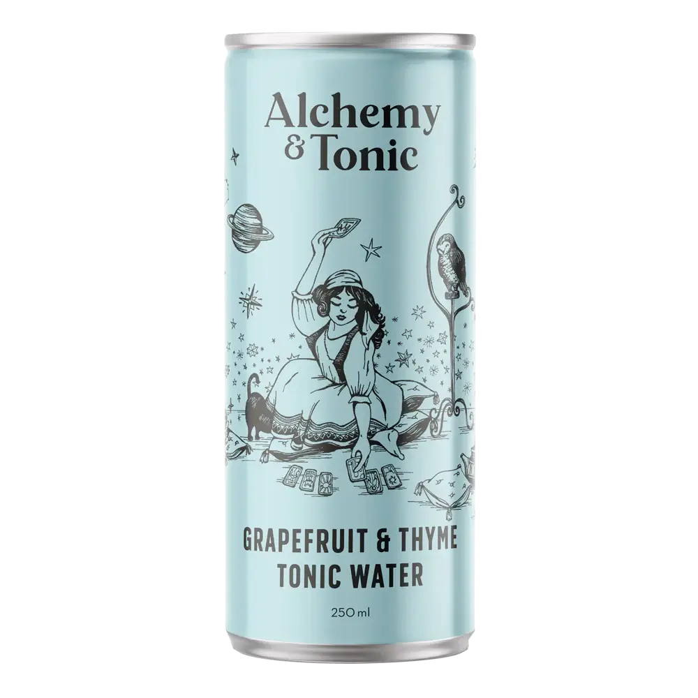 Alchemy & Tonic grapefruit & thyme tonic water can on a white background