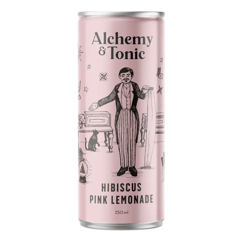 Pink can of Alchemy & Tonic Hibiscus Pink Lemonade on a white background