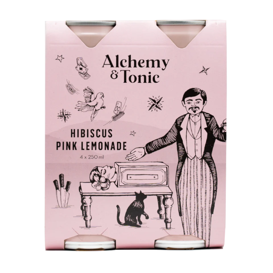 Alchemy &amp; Tonic Hibiscus Pink Lemonade packaging with illustrations on a pink background
