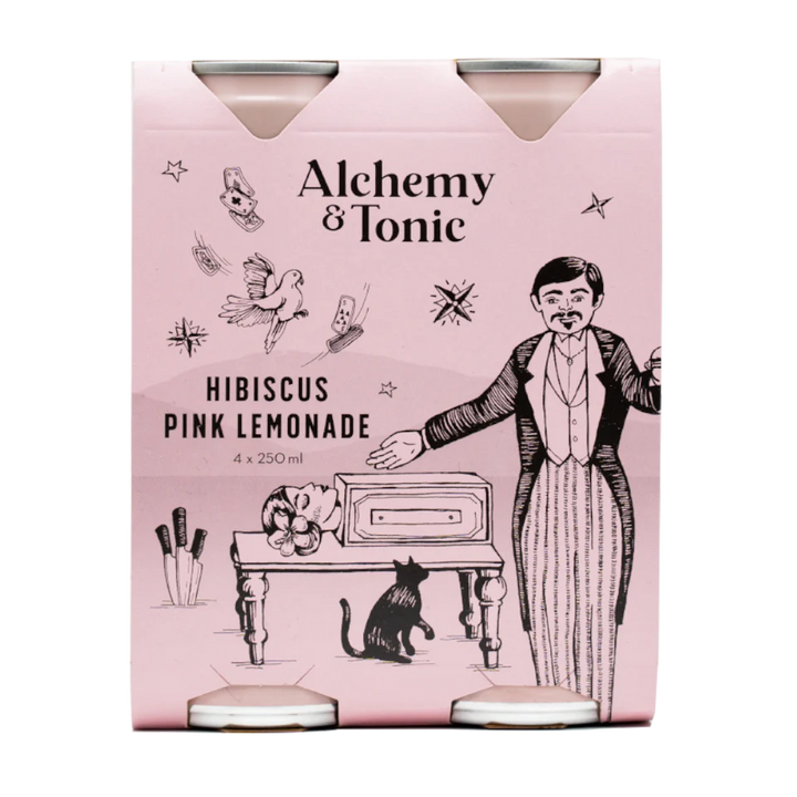 Alchemy &amp; Tonic Hibiscus Pink Lemonade packaging with illustrations on a pink background