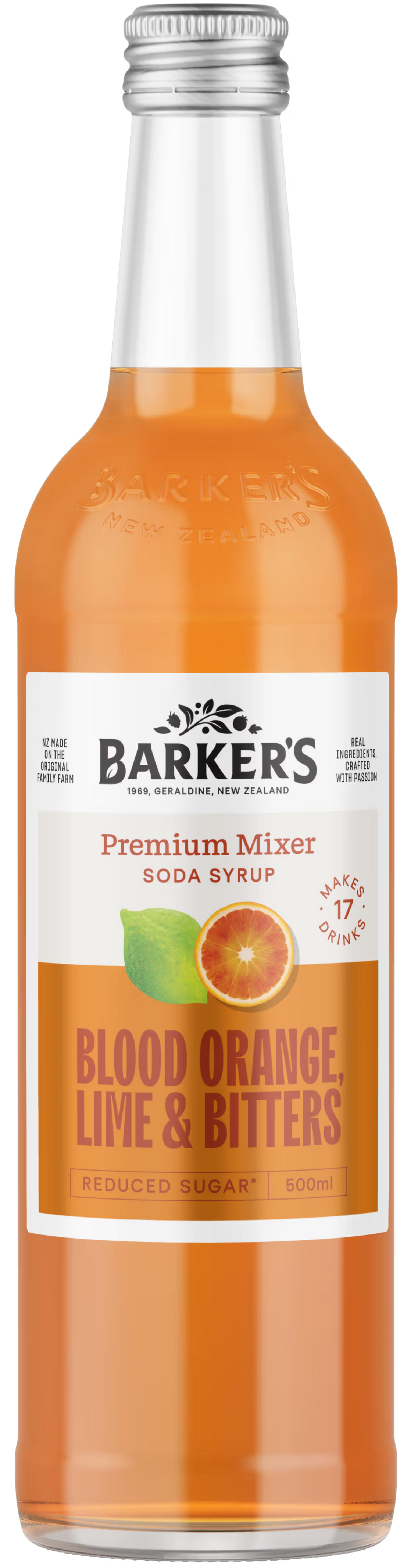 Barker's Blood Orange Lime & Bitters soda syrup bottle on a white background