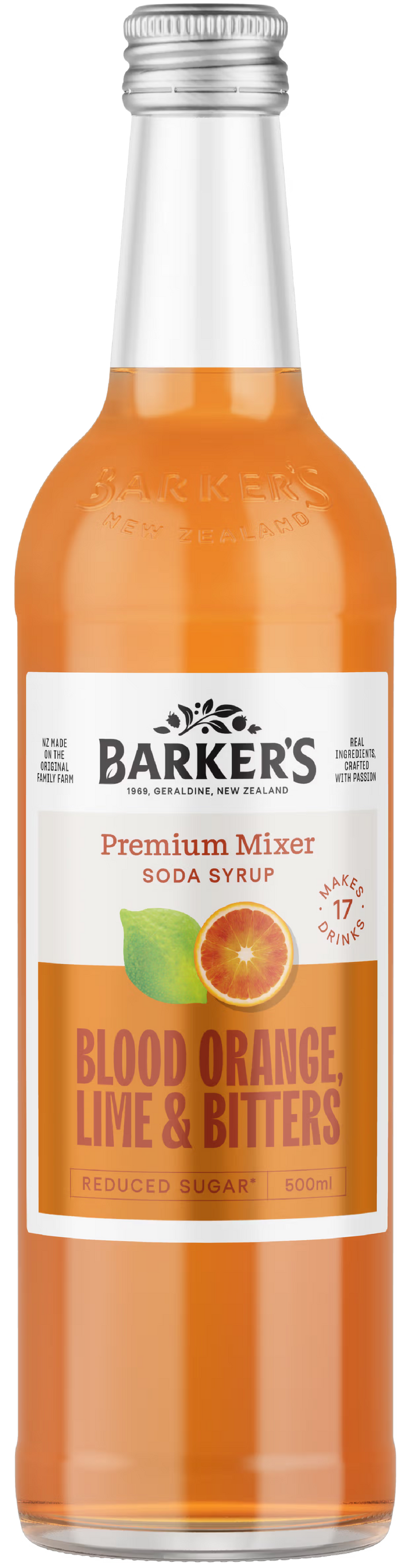 Barker's Blood Orange Lime & Bitters soda syrup bottle on a white background