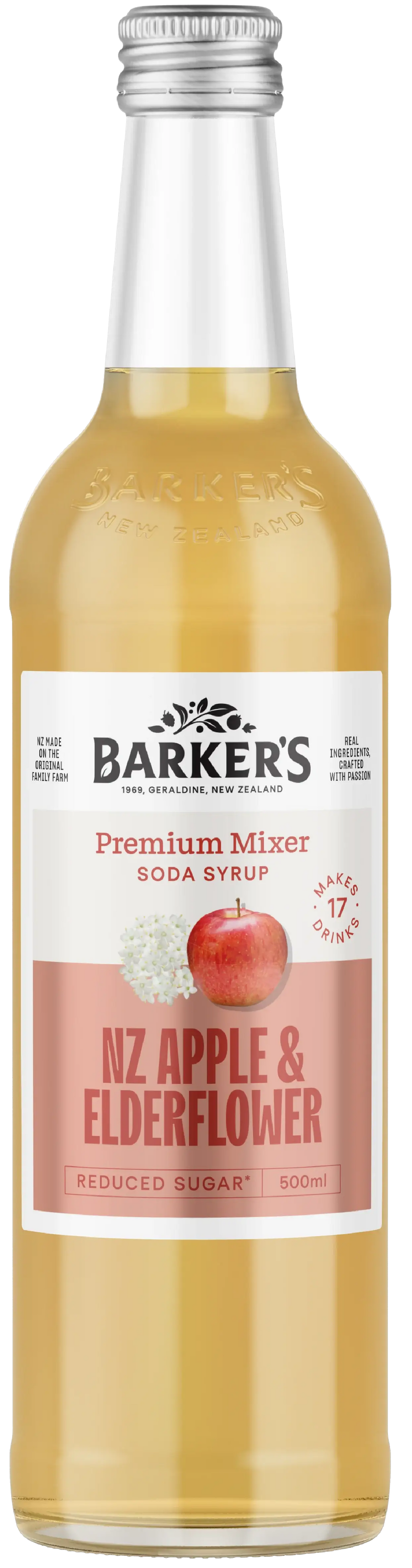 Bottle of Barker's NZ Apple & Elderflower Premium Mixer with a white label.