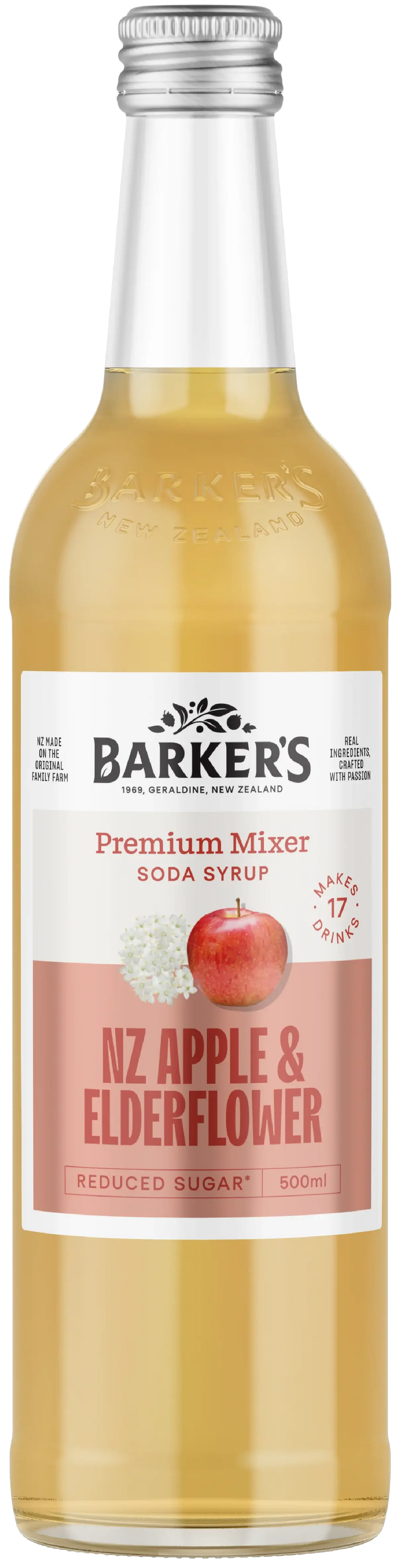 Bottle of Barker's NZ Apple & Elderflower Premium Mixer with a white label.