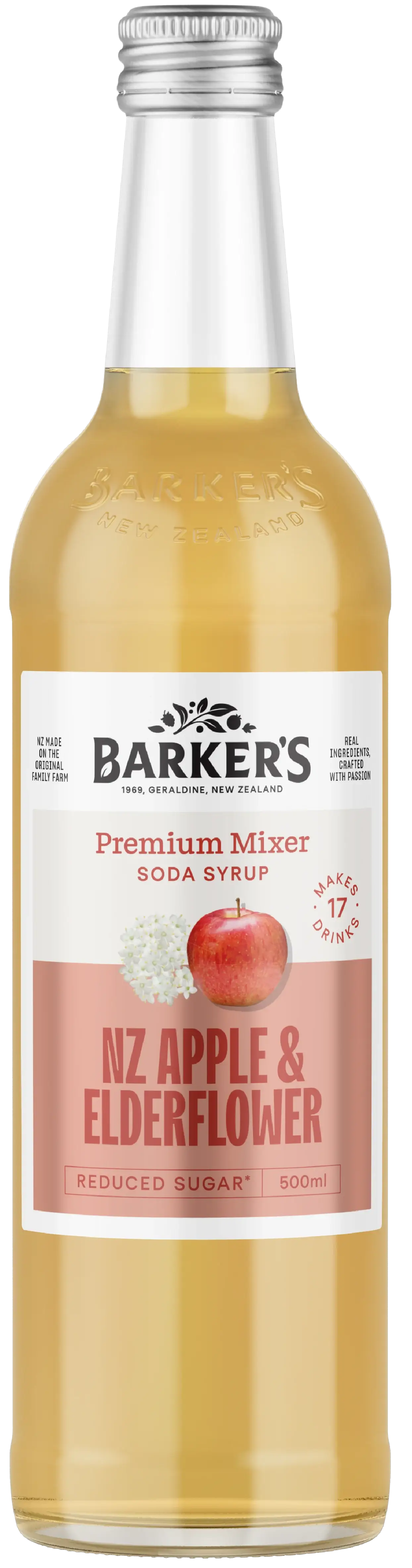 Bottle of Barker's NZ Apple & Elderflower Premium Mixer with a white label.