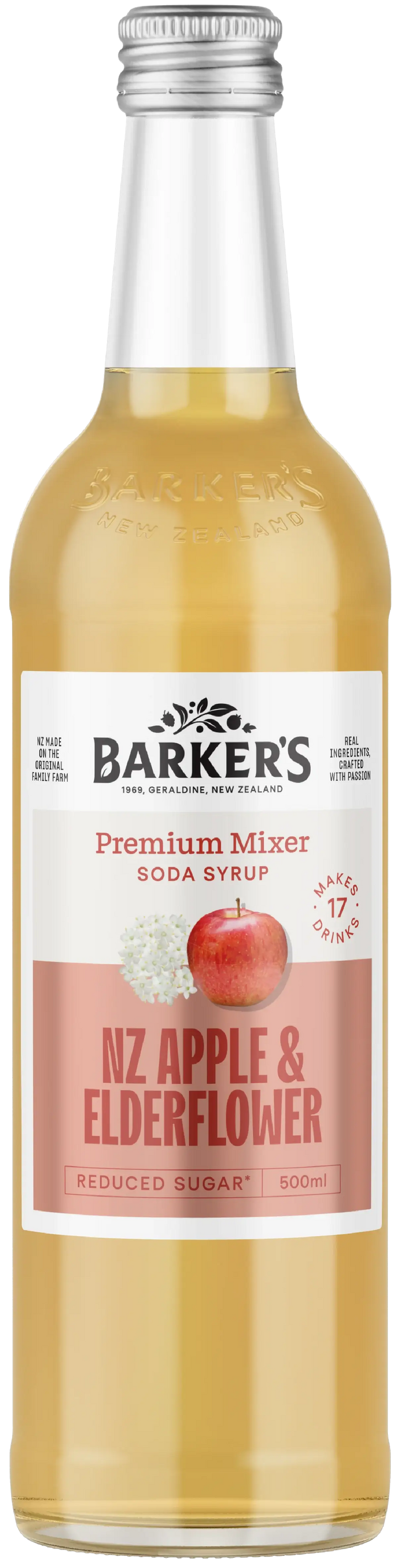 Bottle of Barker's NZ Apple & Elderflower Premium Mixer with a white label.