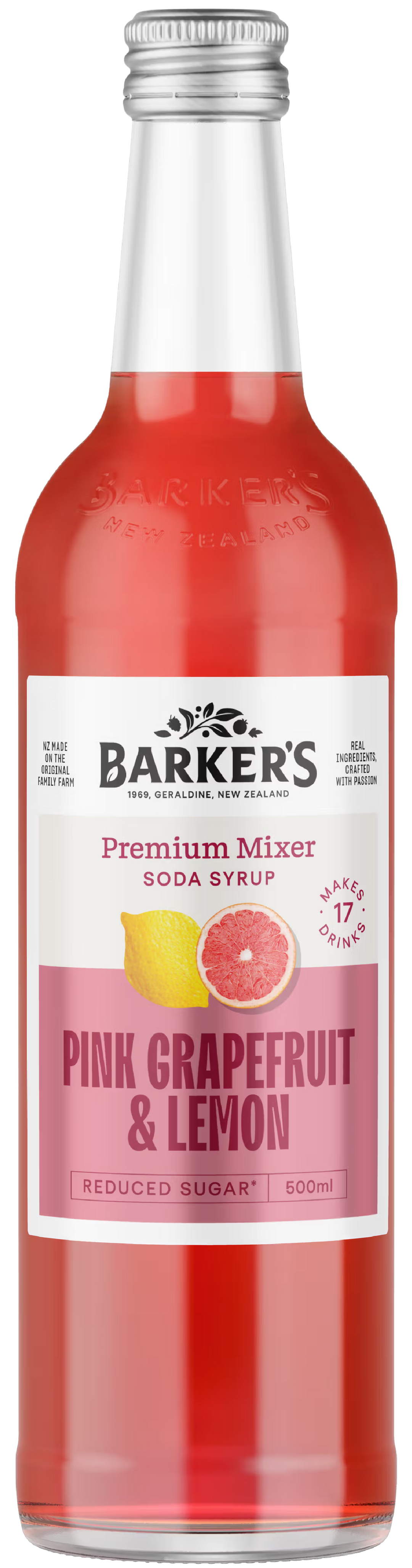 Barker's Pink Grapefruit & Lemon syrup bottle on a white background