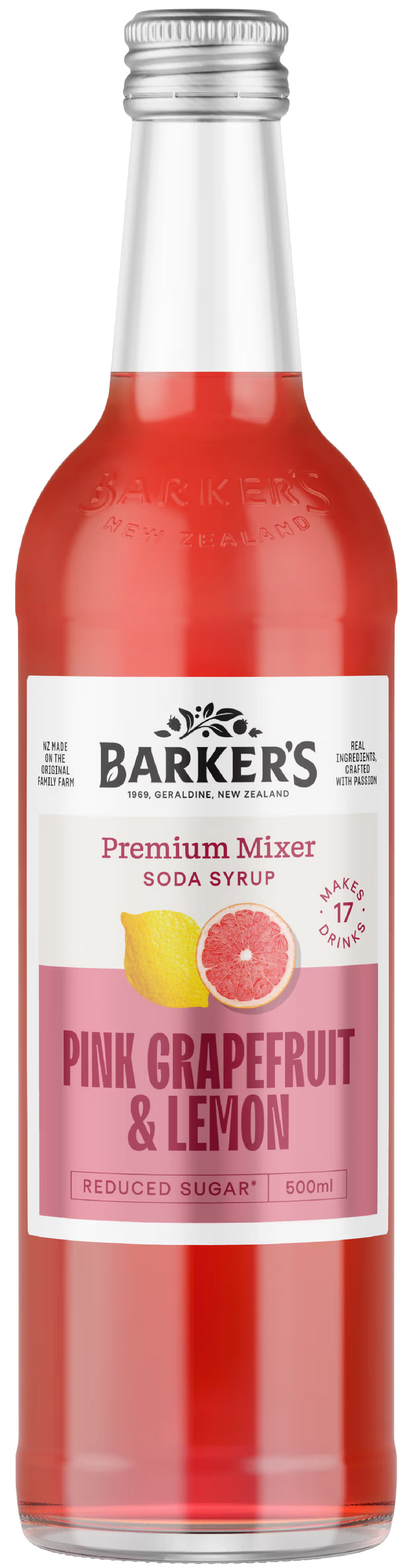 Barker's Pink Grapefruit & Lemon syrup bottle on a white background