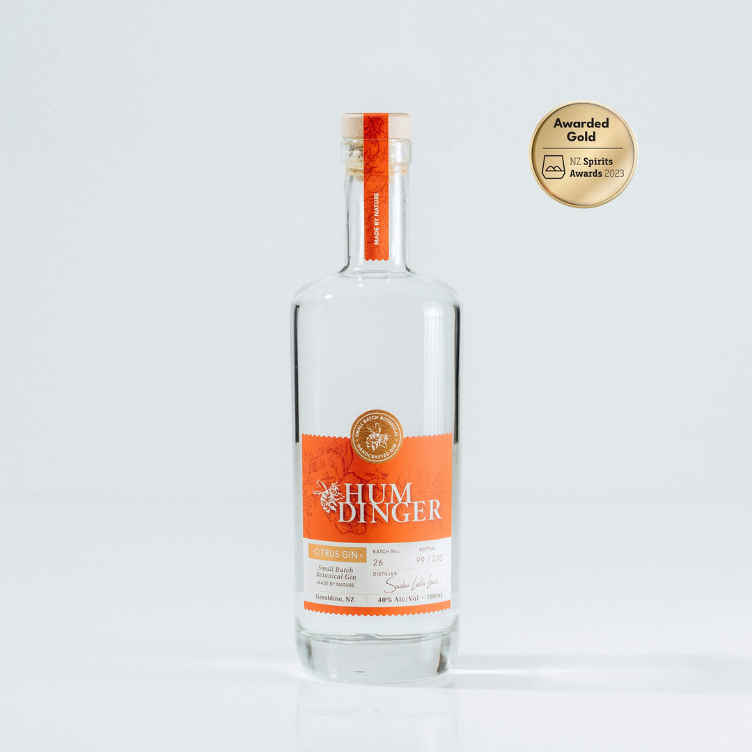 Bottle of Humdinger Citrus Gin from Geraldine Distillery with a Gold Medal