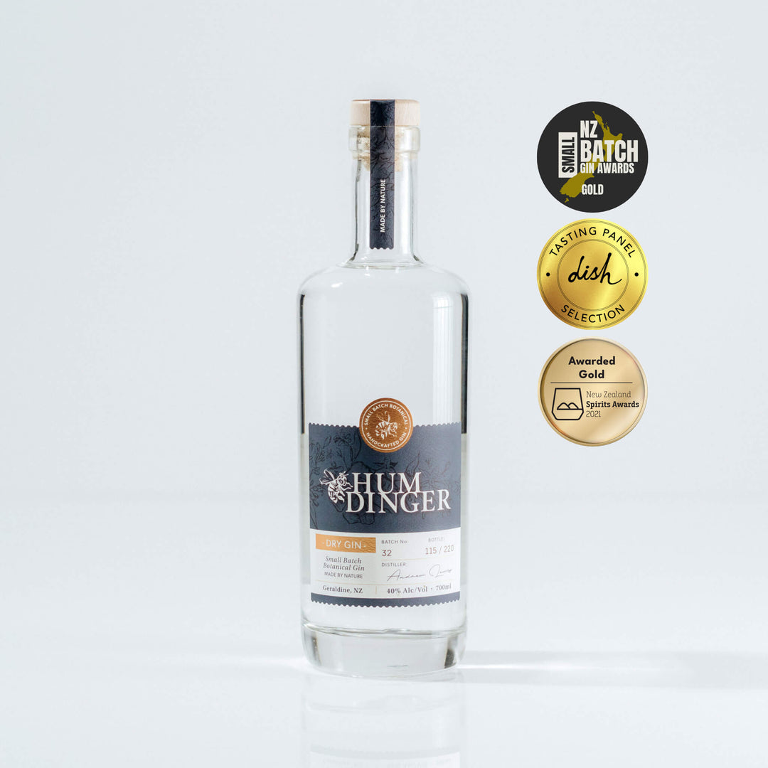 Bottle of Humdinger Dry Gin from Geraldine Distillery with a Gold Medal