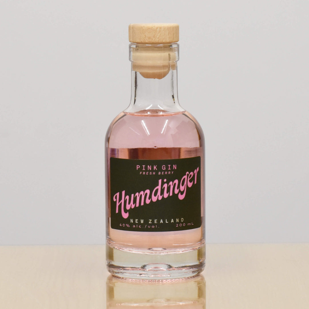 200ml bottle of Humdinger Pink Gin from Geraldine Distillery
