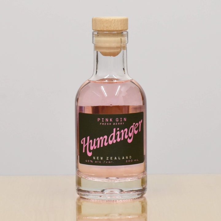 200ml bottle of Humdinger Pink Gin from Geraldine Distillery