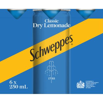 Schweppes Dry Lemonade 6x250ml cans, the mixer for Picnicker Sunday Peach