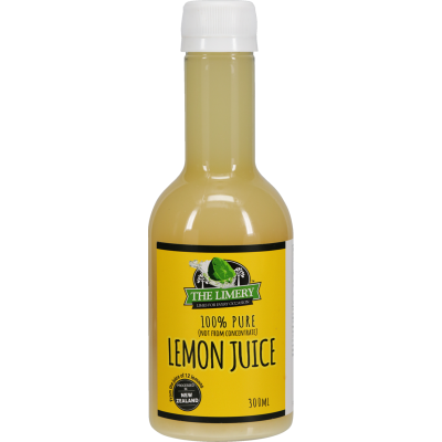 Bottle of lemon juice with a yellow label on a white background